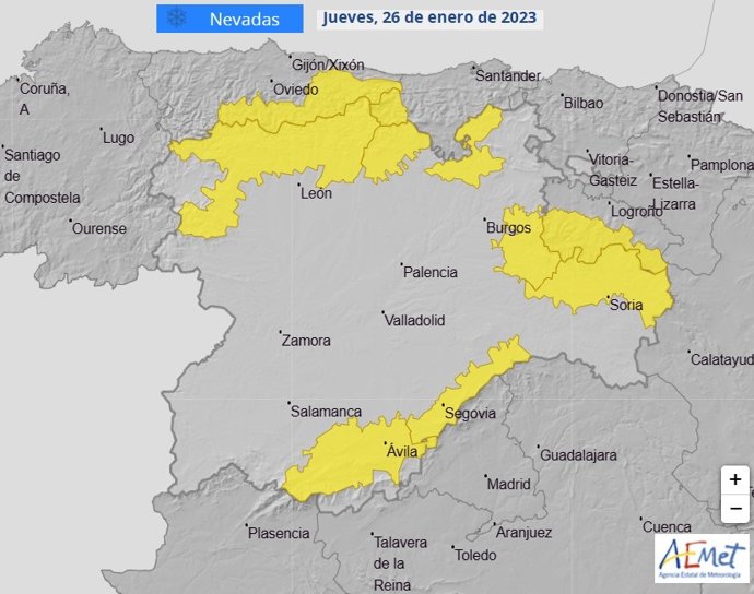 Mapa elaborado por la Aemet sobre la previsión de nieve en CyL a partir del jueves 26