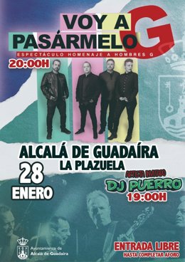 Cartel Tributo a 'Hombres G' y DJ Puerro, que actúan en este viernes en La Plazuela de Alcalá de Guadaíra.