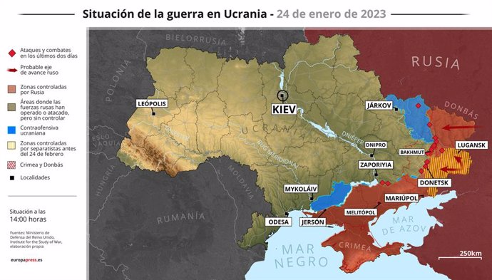 Mapa con la situación de la guerra en Ucrania a 24 de enero de 2023 (Estado a las 14:00 horas)