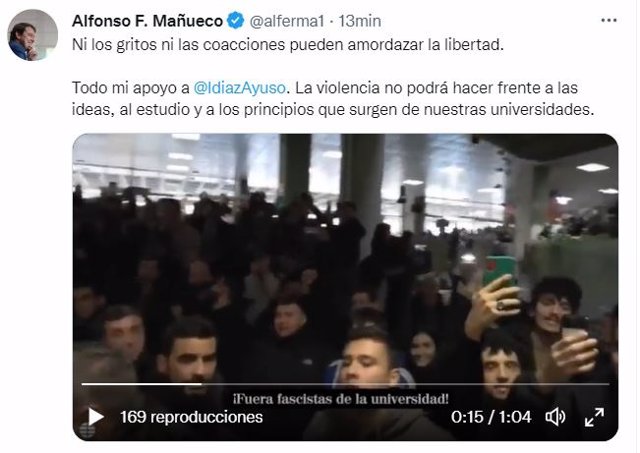 Tuit de Alfonso Fernández Mañueco en apoyo de la presidenta de la Comunidad de Madrid, Isabel Díaz Ayuso.