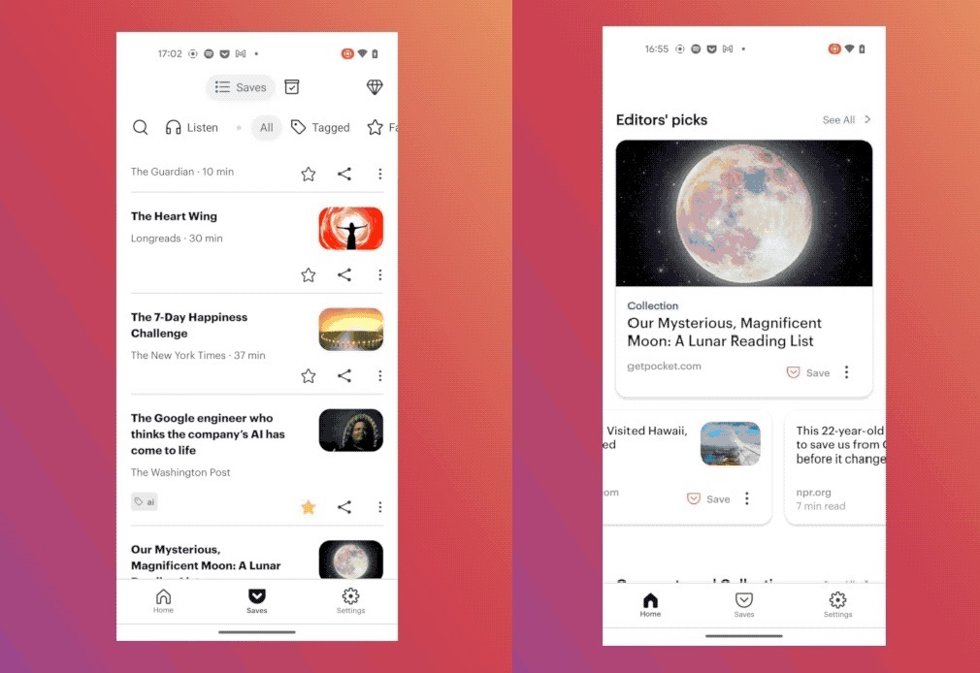Interfaz de Mozilla Pocket para Android
