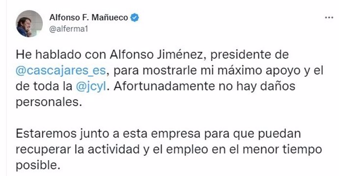 Captura del tuit de Mañueco en el que traslada el apoyo de la Junta a la empresa Cascajares