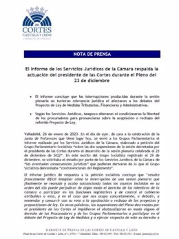 Imagen de la nota de prensa de las Cortes sobre el informe de los Servicios Jurídicos por la sesión del 23 de diciembre