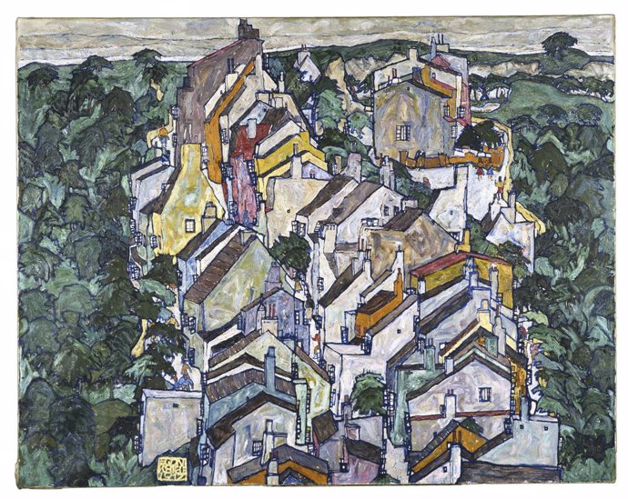 Ciudad entre vegetación (La ciudad vieja III) (1917), de Egon Schiele.