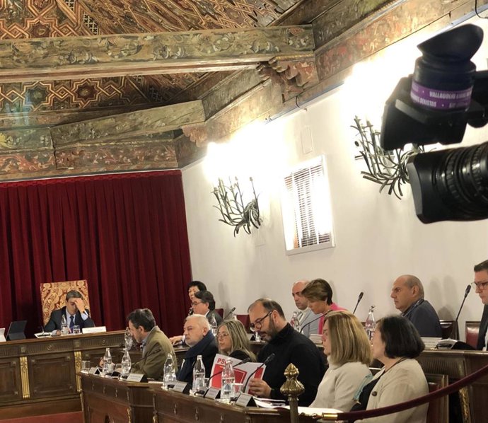 Pulsera violeta contra la violencia machista en una cámara durante el Pleno de la Diputación de Valladolid, que ha comenzado con un recuerdo a Paloma e India, asesinadas el pasado lunes en la capital.