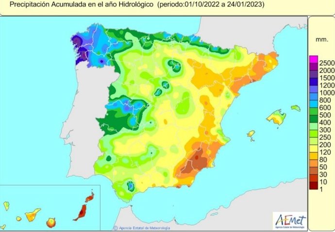 Mapa de las precipitaciones acumuladas desde el inicio del año hidrológico hasta el 24 de enero de 2023.