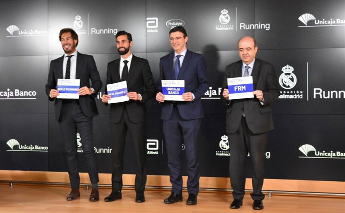 Álvaro Arbeloa, embajador del Real Madrid; el Director Gerente de la Fundación Real Madrid, Julio González Ronco; el cofundador de Gold Events, Jaime Cue; y el Director de Banca Privada y Gestión de Activos de Unicaja Banco, Miguel Ángel Martín-Albo