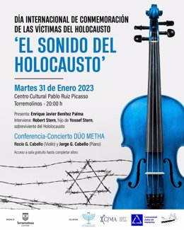Cartel de la conferencia-concierto 'El sonido del holocausto' que va tener lugar en el Centro Cultural Pablo Ruiz Picasso de Torremolinos el martes 31 de enero a las 20.00 horas.