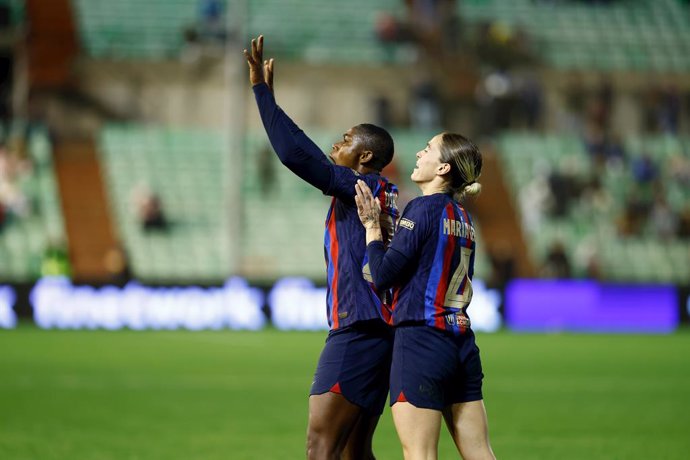 Asisat Oshoala of FC Barcelona celebrates a goal scored by Salma Paralluelo during the Spanish Women Supercup, Semi Final 2, football match played between FC Barcelona and Real Madrid at Estadio Romano Jose Fouto on january 19, 2023, in Merida, Spain.
