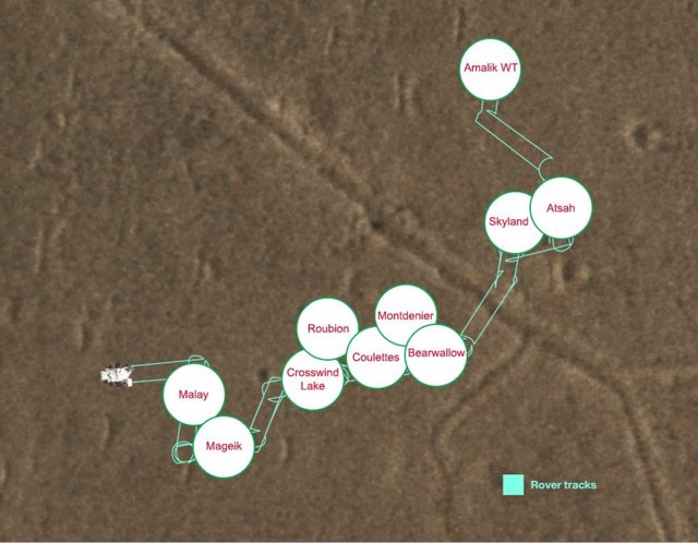 Este mapa muestra los lugares donde el explorador Perseverance de la NASA dejó 10 muestras para que una futura misión pudiera recogerlas. Tras más de cinco semanas de trabajo, el depósito de muestras se completó el 28 de enero de 2023.