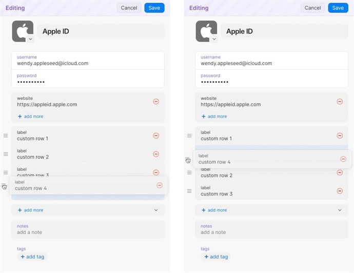 Es posible editar y reordenar "los campos y secciones" de cada elemento guardado en el gestor de contraseñas