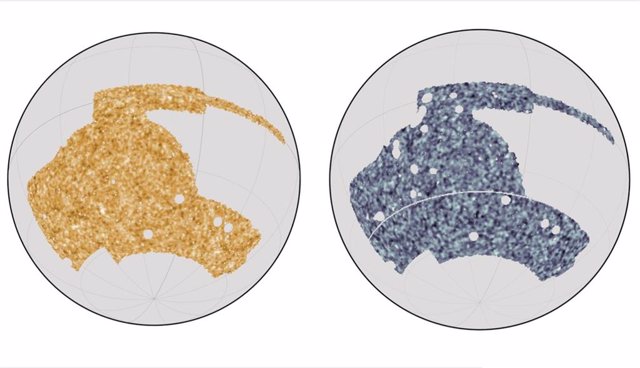 Comparando los mapas del cielo del telescopio Dark Energy Survey (a la izquierda) con los datos del Telescopio del Polo Sur y del satélite Planck (a la derecha), el equipo pudo deducir cómo está distribuida la materia.