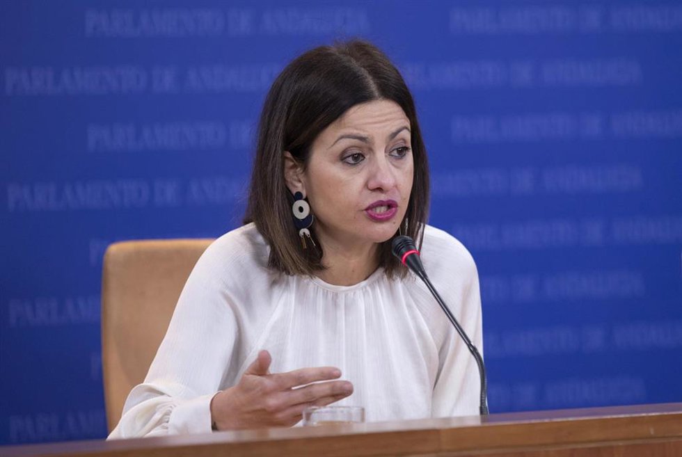 La portavoz federal de IU, Sira Rego, en rueda de prensa en el Parlamento andaluz.