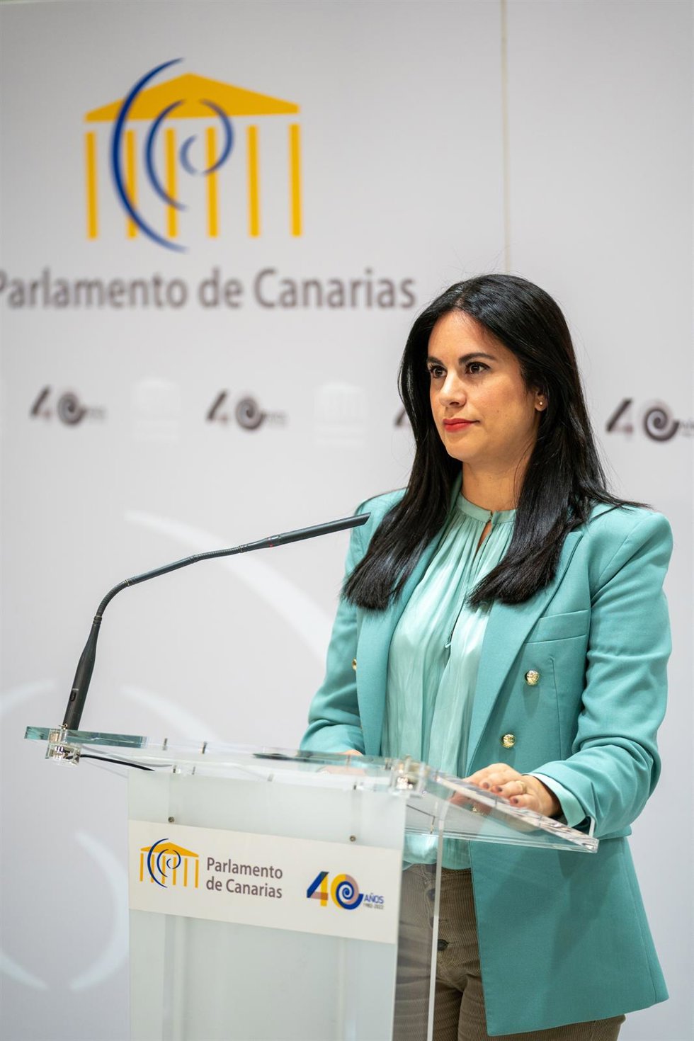 La portavoz del Grupo Mixto, Vidina Espino, en el transcurso de la rueda de prensa en la que ha solicitado destinar a fines solidarios los fondos que los grupos parlamentarios no hayan gastado