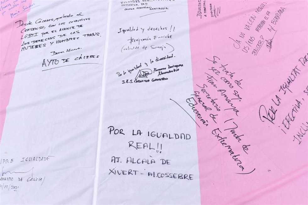 Archivo - Detalle de los mensajes escritos en la bandera trans que la Federación Estatal de Lesbianas, Gais, Trans, Bisexuales, Intersexuales y más (Flegtbi+), Chrysallis y Fundación Triángulo han llevado al Congreso