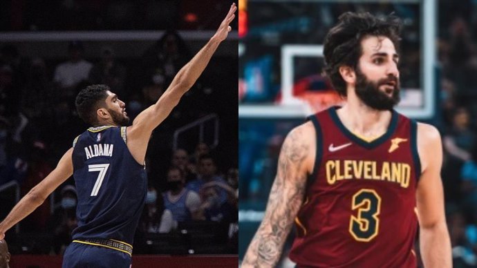 Los jugadores españoles Santi Aldama (Memphis Grizzlies) y Ricky Rubio (Cleveland Cavaliers).