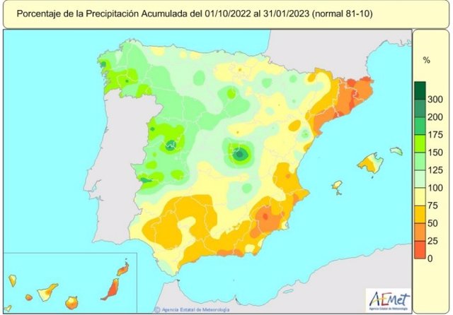 Las lluvias acumuladas en el primer cuatrimestre del año hidrológico superan en un 1% el valor normal para el periodo de referencia, según la AEMET.