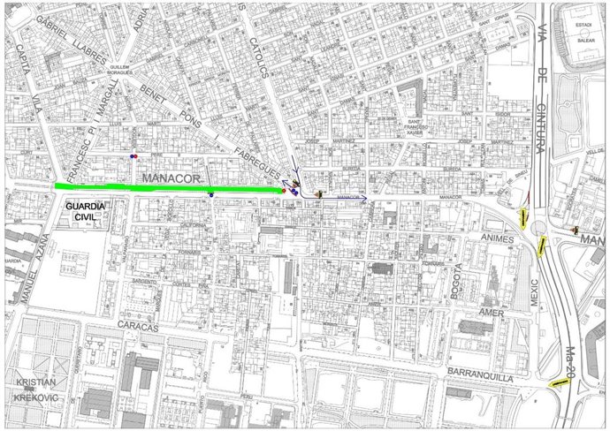 Plano de señalización de las obras de renovación del pavimento de la calle Manacor (Palma) de la fase I.