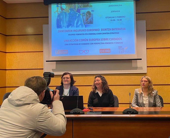 Jornada de CCOO sobre la Estrategia europea de cuidados con la eurodiputada María Eugenia Rodríguez Palop,la secretaria confederal de Mujeres, Igualdad y Condiciones de Trabajo de CCOO, Carolina Vidal, y la secretaria general de CCOO Euskadi, Loli Garcí