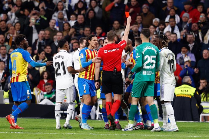 Gabriel Paulista of Valencia see the red card during the spanish league, La Liga Santander, football match played between Real Madrid and Valencia CF at Santiago Bernabeu stadium on february 02, 2023, in Madrid, Spain.