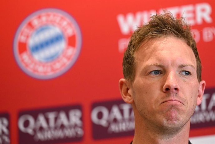 12 January 2023, Qatar, Doha: Munich coach Julian Nagelsmann takes part in a final press conference for the team after the club's finished their winter training camp. Photo: Peter Kneffel/dpa