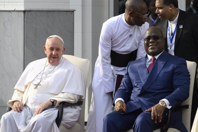 January 31, 2023, KINSHASA: Pope Francis with President of the Democratic Republic of the Congo (DRC), Felix Tshisekedi, at the Palais de la Nation in Kinshasa, Congo, 31 January 2023. Pope Francis heads to Democratic Republic of Congo and South Sudan, 