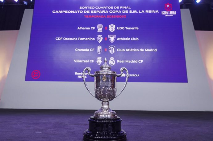 Imatge del sorteig de quarts de final i del trofeu de la Copa de la Reina 2022-2023