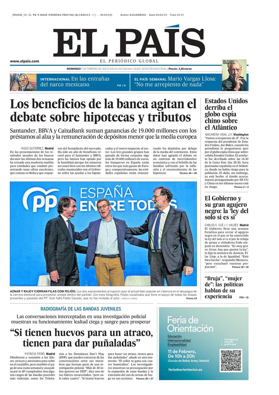 Portada de El País del domingo 5 de febrero de 2023.