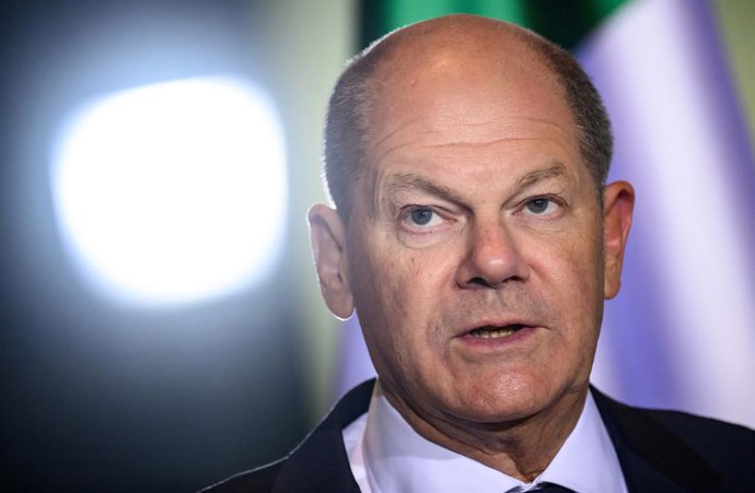 03 February 2023, Berlin: German Chancellor Olaf Scholz speaks during a press conference with Italian Prime Minister Giorgia Meloni (Not Pictured) after their meeting at the Chancellor's Office. Photo: Bernd von Jutrczenka/dpa