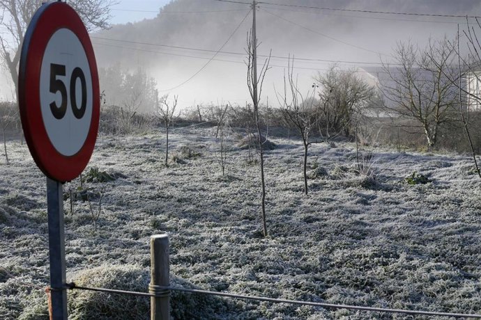 Un campo del municipio de Becerreá helado, en Lugo.