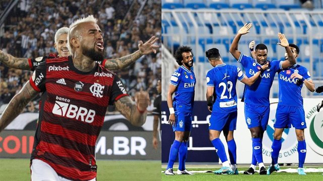 El jugador del almengo Arturo Vidal (Izquierda) y jugadores del Al Hilal.