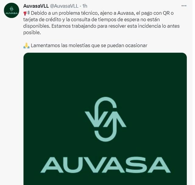 Tuit en el que Auvasa informa de la incidencia con los pagos.