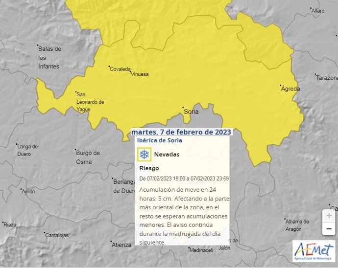 Mapa elaborado por la Aemet sobre el aviso amarillo en forma de nieve para el martes día 7