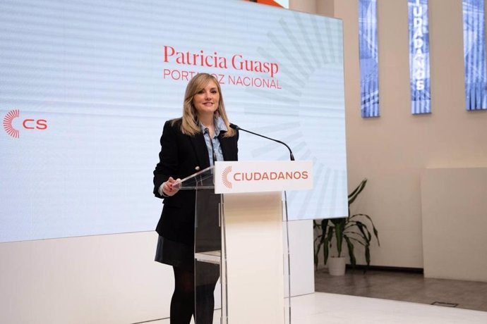 La portavoz nacional de Ciudadanos, Patricia Guasp, en rueda de prensa desde la sede nacional del partido.