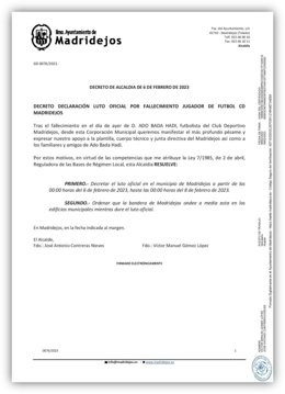 El Ayuntamiento de Madridejos decreta luto.