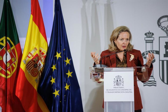 La vicepresidenta primera y ministra de Asuntos Económicos y Transformación Digital, Nadia Calviño, durante una rueda de prensa posterior al evento 'Economic priorities for Europe in 2023', a 6 de febrero de 2023, en Madrid (España). Durante el debate, 