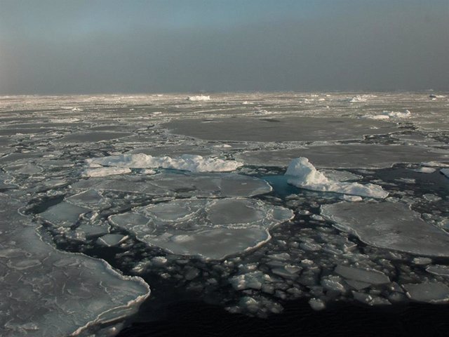 Pequeños restos de hielo multianual más grueso flotan con hielo estacional más fino en el mar de Beaufort el 30 de septiembre de 2016.