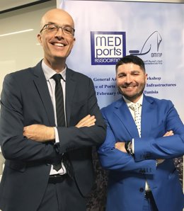 (I-D) El Secretario General De Medports Y  Jefe De Estrategia Del Puerto De Barcelona, Jordi Torrent, Y El Presidente De Medports, Pino Musolino
