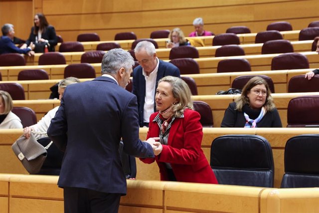 La vicepresidenta primera y ministra de Asuntos Económicos y Transformación Digital, Nadia Calviño, saluda al ministro del Interior, Fernando Grande-Marlaska, durante una sesión plenaria de control en el Senado