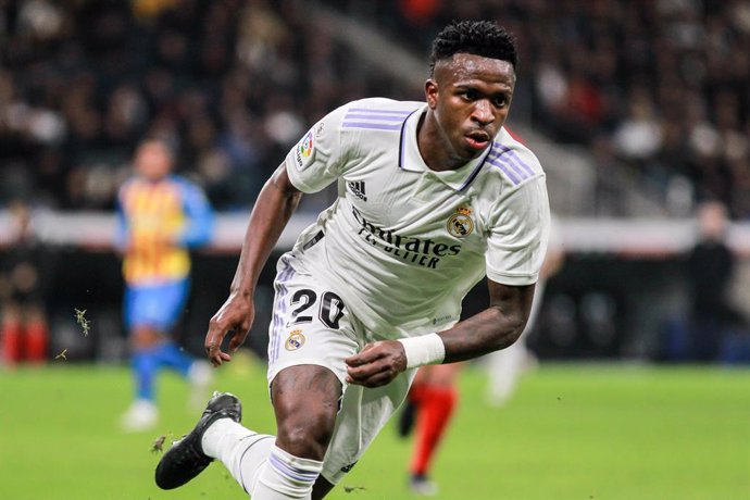 Vinicius Junior of Real Madrid in action during the spanish league, La Liga Santander, football match played between Real Madrid and Valencia CF at Santiago Bernabeu stadium on february 02, 2023, in Madrid, Spain.