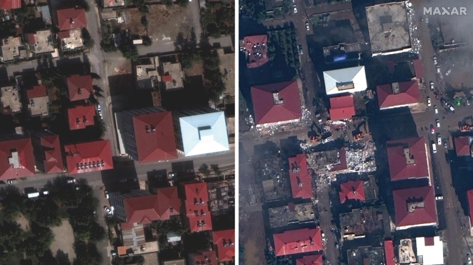 Edificios en Islahiye (Turquía) antes y después de los terremotos del lunes