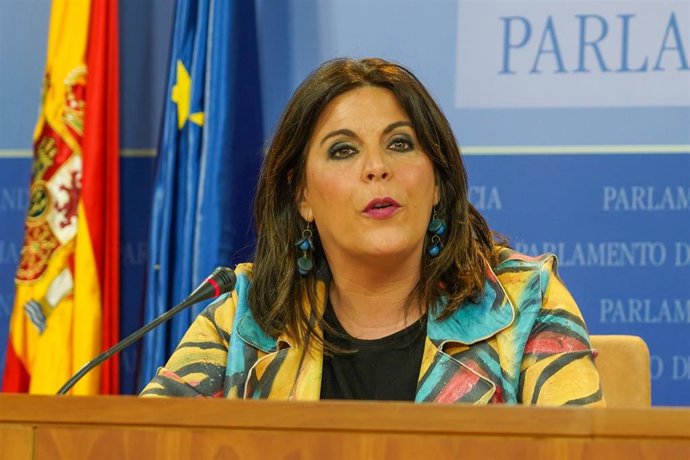 Ángeles Férriz , del grupo parlamentario de PSOE_A , en la rueda de prensa de representantes de los grupos parlamentarios previas al Pleno de la Cámara a 08 de febrero del 2023 en Sevilla (Andalucía, España)