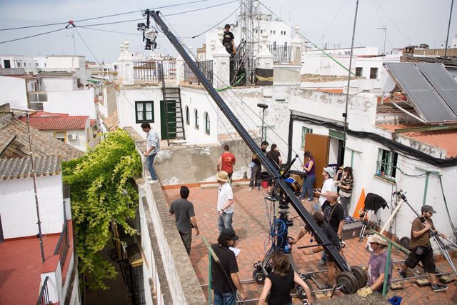 Rodaje cinematográfico en una azotea del Casco Antiguo de la ciudad.