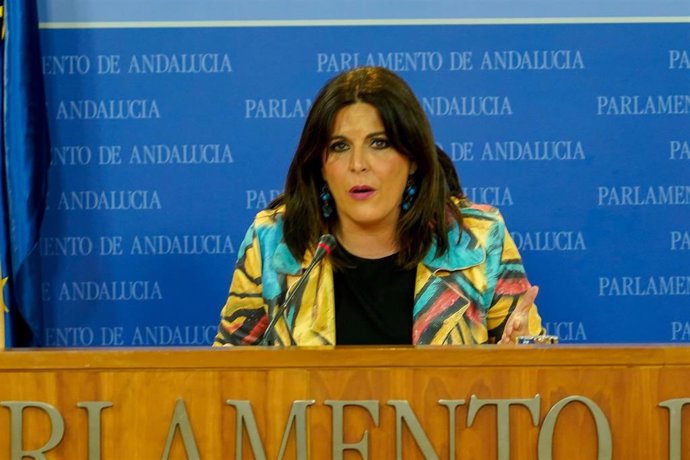 Ángeles Férriz , del grupo parlamentario de PSOE_A , en la rueda de prensa de representantes de los grupos parlamentarios previas al Pleno de la Cámara a 08 de febrero del 2023 en Sevilla (Andalucía, España)