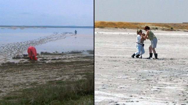 Trabajo de campo y muestreo en la laguna de Tirez cuando aún estaba activa (izquierda) y después de la sequía y la desecación, cuando sólo quedaban costras de sal (derecha).