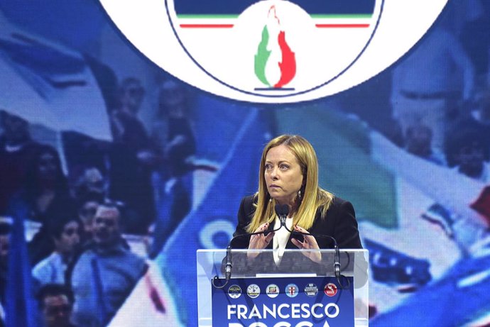05 February 2023, Italy, Rome: Italian Prime Minister Giorgia Meloni speaks during the event in support of the candidate of the right-wing coalition for the presidency of the Lazio Region, Francesco Rocca. Photo: Vincenzo Nuzzolese/SOPA Images via ZUMA 