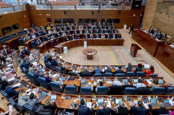 Vista de un pleno en la Asamblea de Madrid, a 2 de febrero de 2023, en Madrid (España). El primer pleno del año electoral en la Asamblea está marcado por las próximas elecciones autonómicas y municipales de mayo y con la vista puesta en la relación entr