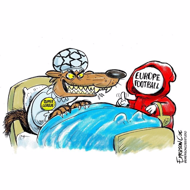 Ilustración que compara al proyecto de la Superliga europea de fútbol con el lobo del popular cuento infantil.
