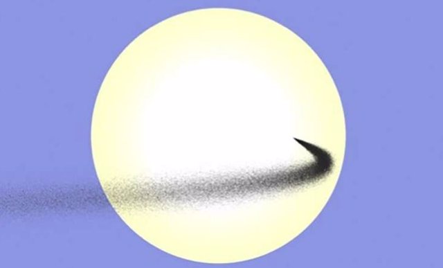 Corriente simulada de polvo lanzada entre la Tierra y el Sol. Esta nube de polvo se muestra mientras cruza el disco solar, vista desde la Tierra. Corrientes como ésta, incluidas desde la superficie de la Luna, pueden actuar como un parasol temporal