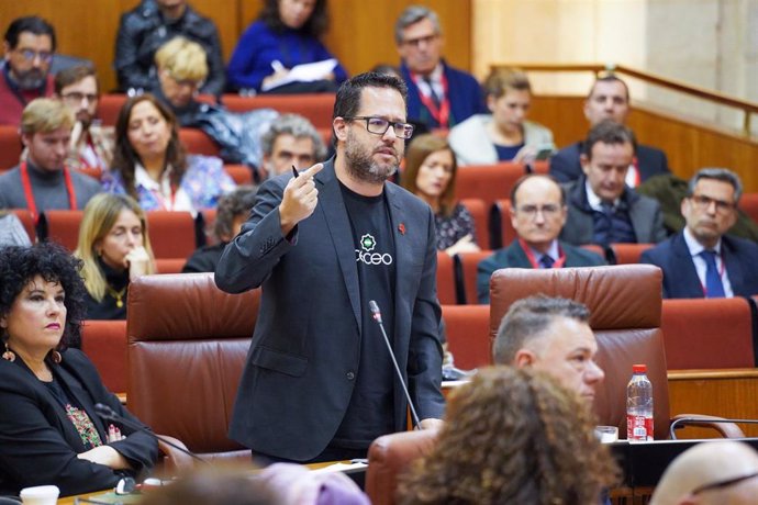 El portavoz de Adelante Andalucía, José Ignacio García, este jueves en el Pleno del Parlamento en su pregunta al presidente de la Junta de Andalucía, Juanma Moreno.